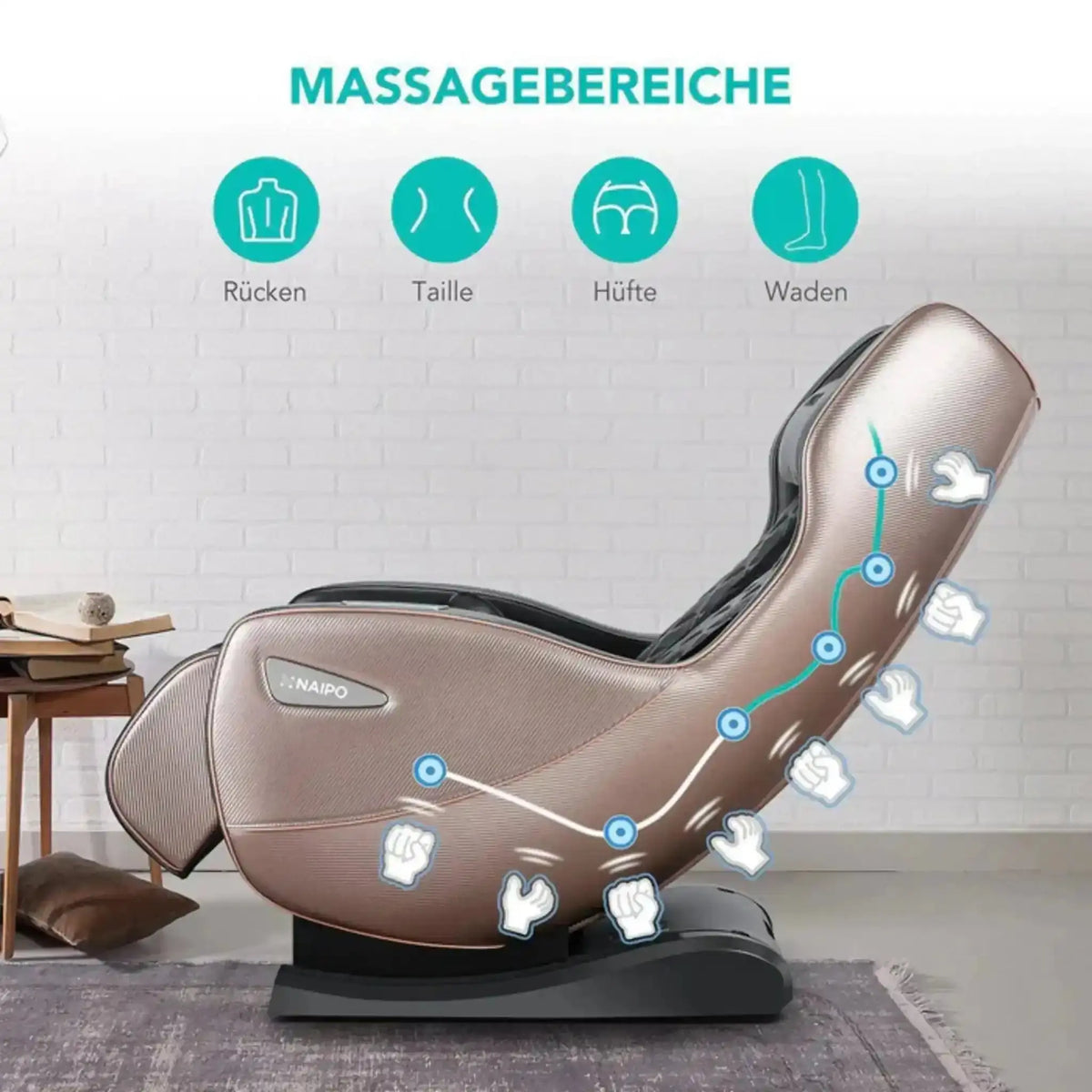 NAIPO Model U ClassicSwing 1900 Massagesessel – Grafik zu den Massagebereichen, Seitenansicht