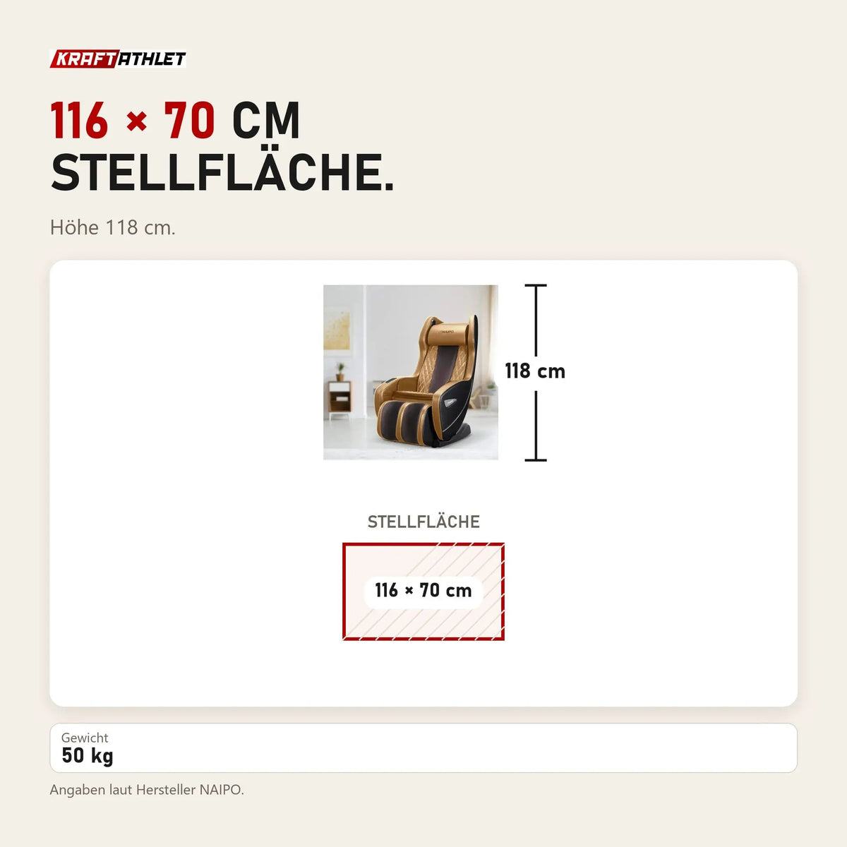 Maßbild NAIPO Model U ClassicSwing 1900 Massagesessel: Stellfläche 116 × 70 cm, Höhe 118 cm