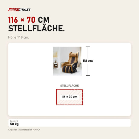 Maßbild NAIPO Model U ClassicSwing 1900 Massagesessel: Stellfläche 116 × 70 cm, Höhe 118 cm