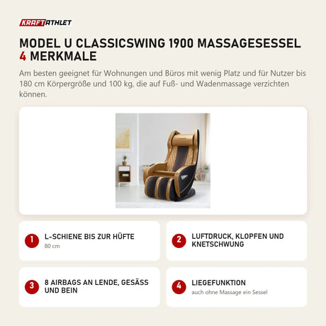 NAIPO Model U ClassicSwing 1900 Massagesessel mit 4 Merkmalen: L-Schiene bis zur Hüfte, Luftdruck, Klopfen und Knetschwung, 8 Airbags an Lende, Gesäß und Bein, Liegefunktion