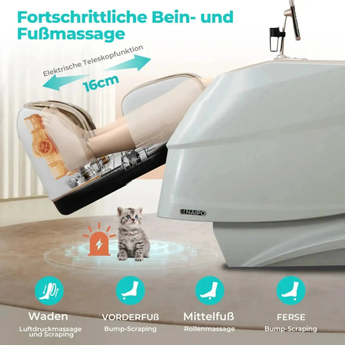 NAIPO R50 Massagesessel in Weiß, Infografik zur Bein- und Fußpartie mit Verlängerung um 16 cm