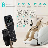 NAIPO R50 Massagesessel in Beige, Infografik mit Fernbedienung, Handyhalter und Übersicht der Massagearten