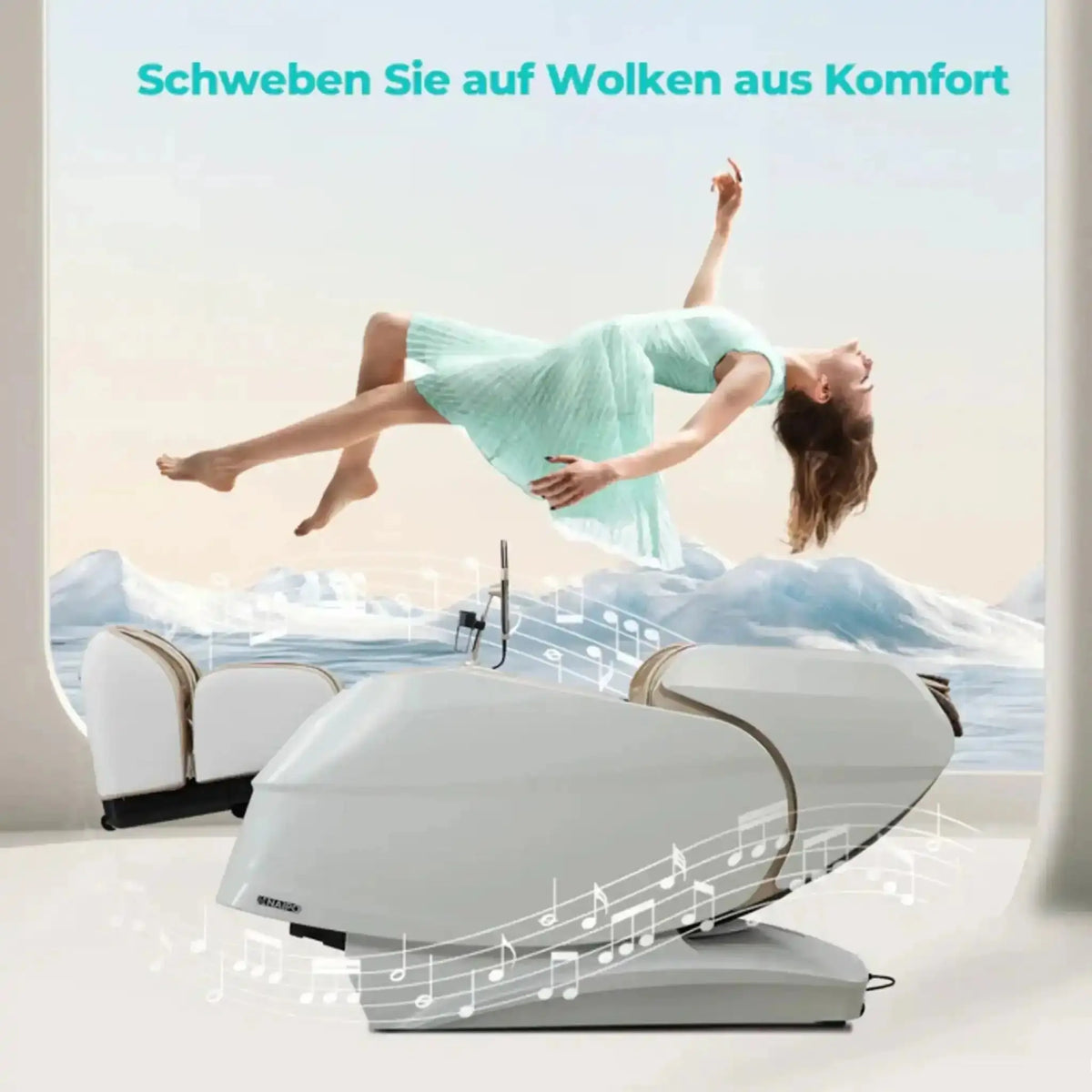 NAIPO R50 Massagesessel in Weiß, Seitenansicht in Liegeposition mit schwebender Frau über Wolken