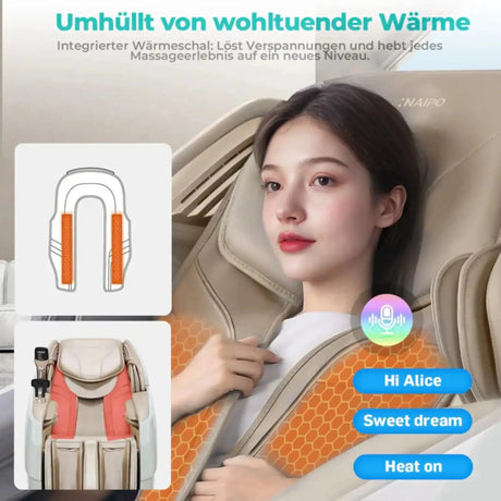NAIPO R50 Massagesessel, Infografik zur Heizfunktion mit Sprachsteuerung und Detail der Rückenpartie