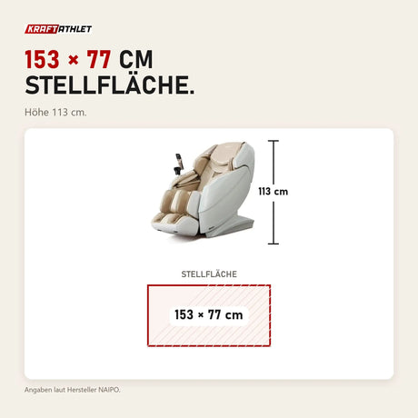 Maßbild NAIPO R50 Massagesessel: Stellfläche 153 × 77 cm, Höhe 113 cm