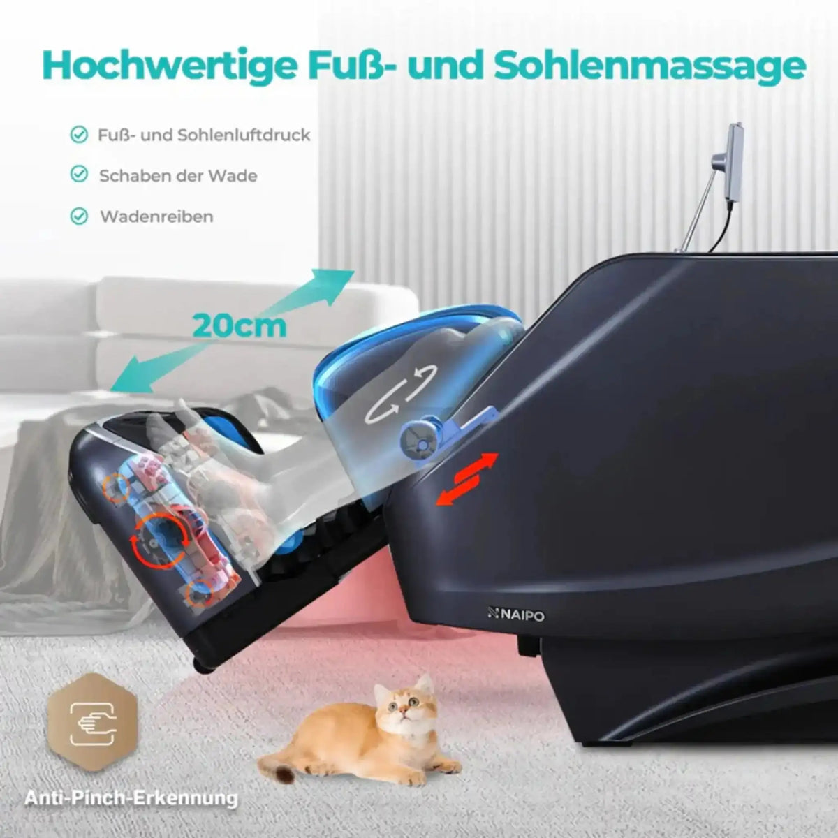 NAIPO S61 4D Massagesessel, Detail des Fußteils mit Fuß- und Sohlenmassage und Anti-Pinch-Erkennung