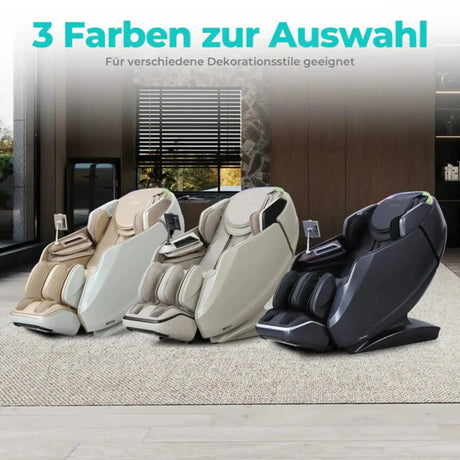 NAIPO S61 4D Massagesessel in drei Farben nebeneinander auf einer Terrasse vor einem Haus