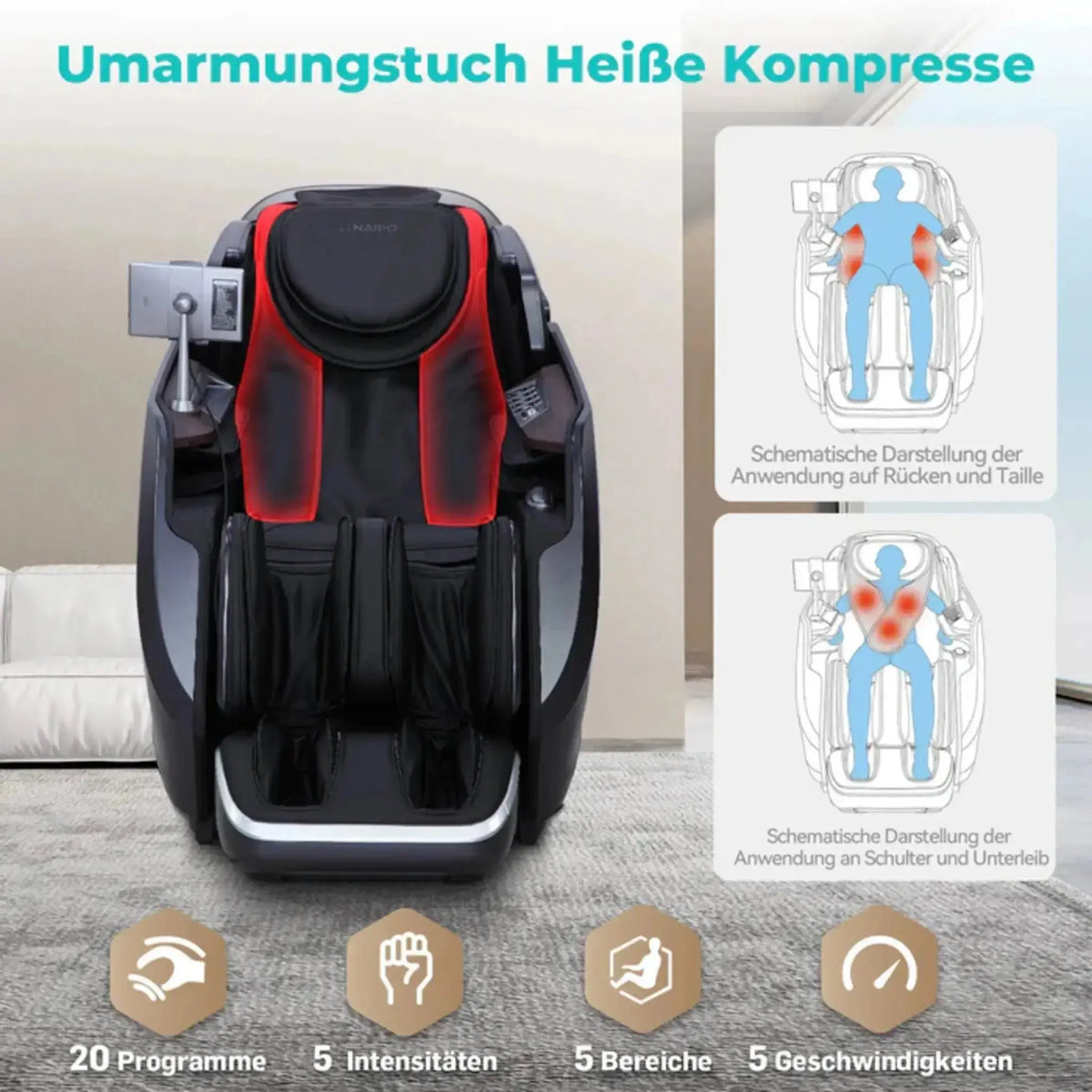 NAIPO S61 4D Massagesessel, Frontansicht mit Darstellung der Wärmekompresse an Rücken und Taille