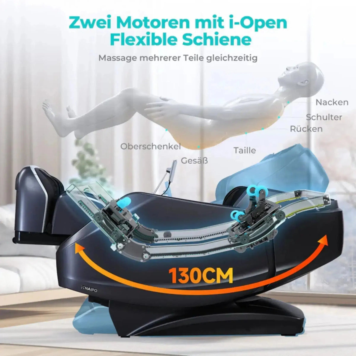 NAIPO S61 4D Massagesessel, Seitenansicht in Liegeposition mit Darstellung der 130-cm-Schiene