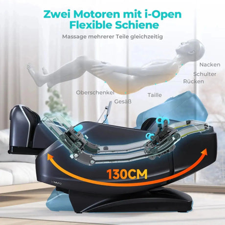 NAIPO S61 4D Massagesessel, Seitenansicht in Liegeposition mit Darstellung der 130-cm-Schiene