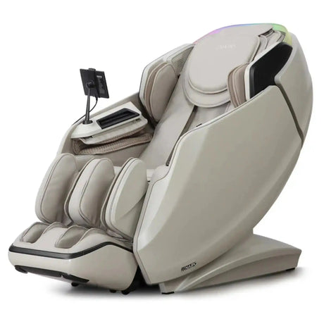 NAIPO S61 4D Massagesessel in Grau und Beige, Schrägansicht mit Tablet-Halterung auf weißem Hintergrund