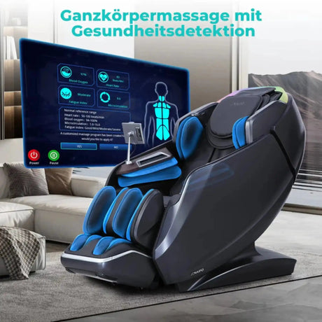 NAIPO S61 4D Massagesessel in einem Wohnzimmer mit Anzeige der Ganzkörpermassage auf dem Bildschirm
