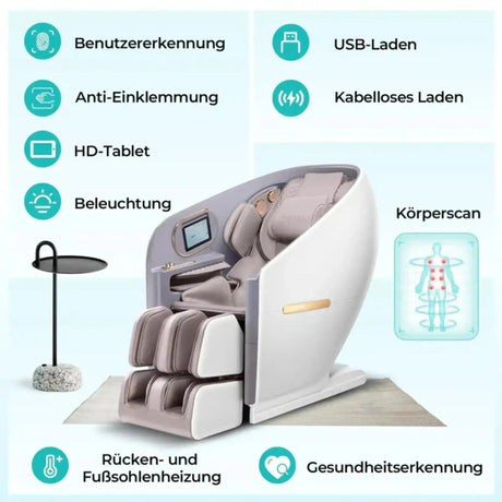 NAIPO SkySuite S80 Massagesessel, Grafik mit Ausstattung wie USB-Laden und Beleuchtung
