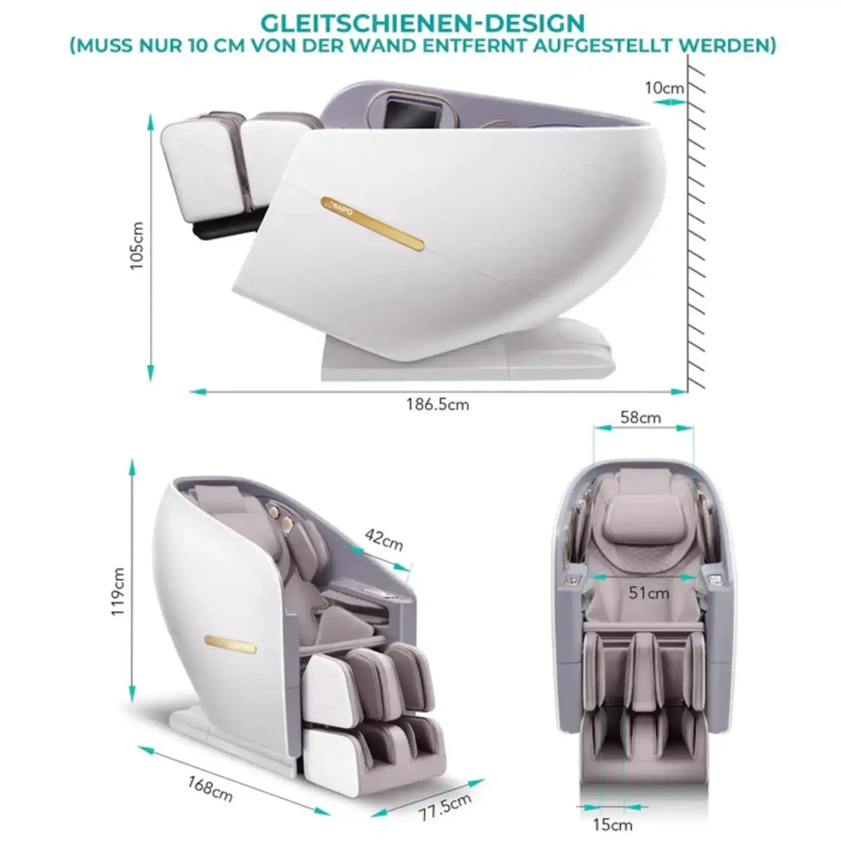 NAIPO SkySuite S80 Massagesessel, Grafik mit Maßen und Gleitschienen-Design