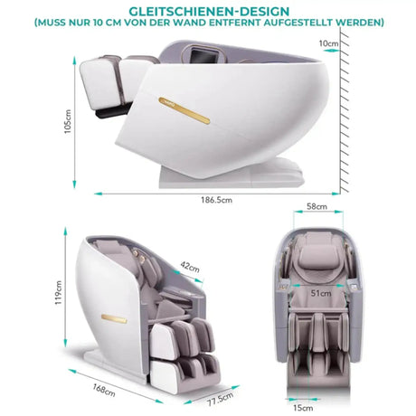 NAIPO SkySuite S80 Massagesessel, Grafik mit Maßen und Gleitschienen-Design