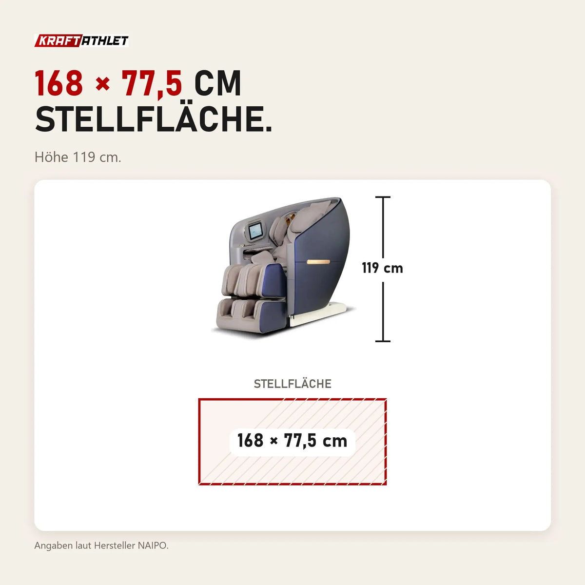 Maßbild NAIPO SkySuite S80 Massagesessel: Stellfläche 168 × 77,5 cm, Höhe 119 cm