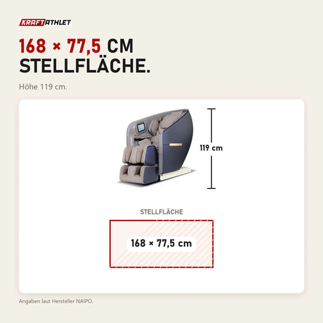 Maßbild NAIPO SkySuite S80 Massagesessel: Stellfläche 168 × 77,5 cm, Höhe 119 cm