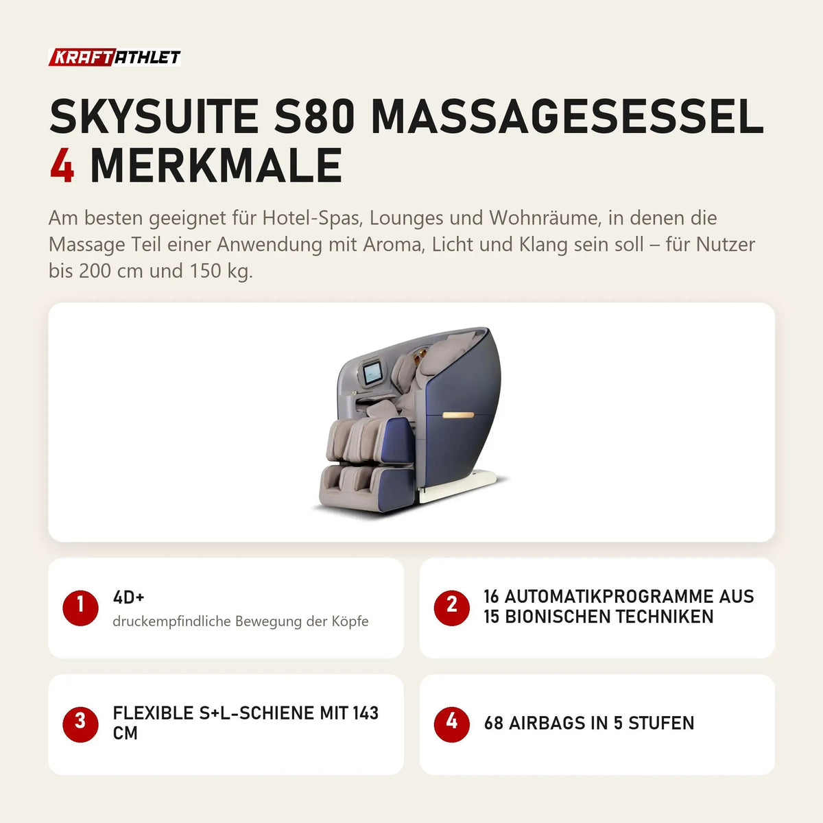 NAIPO SkySuite S80 Massagesessel mit 4 Merkmalen: 4D+, 16 Automatikprogramme aus 15 bionischen Techniken, Flexible S+L-Schiene mit 143 cm, 68 Airbags in 5 Stufen
