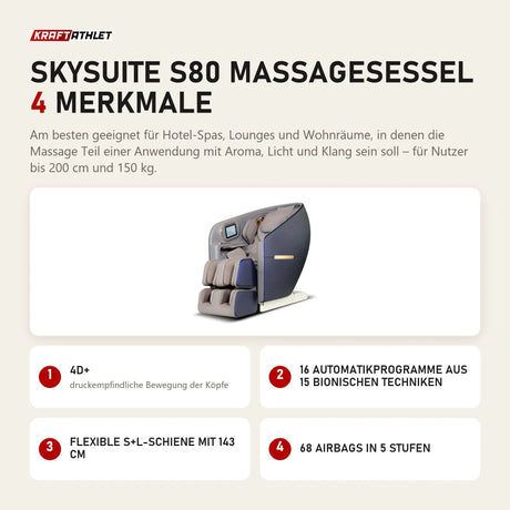 NAIPO SkySuite S80 Massagesessel mit 4 Merkmalen: 4D+, 16 Automatikprogramme aus 15 bionischen Techniken, Flexible S+L-Schiene mit 143 cm, 68 Airbags in 5 Stufen