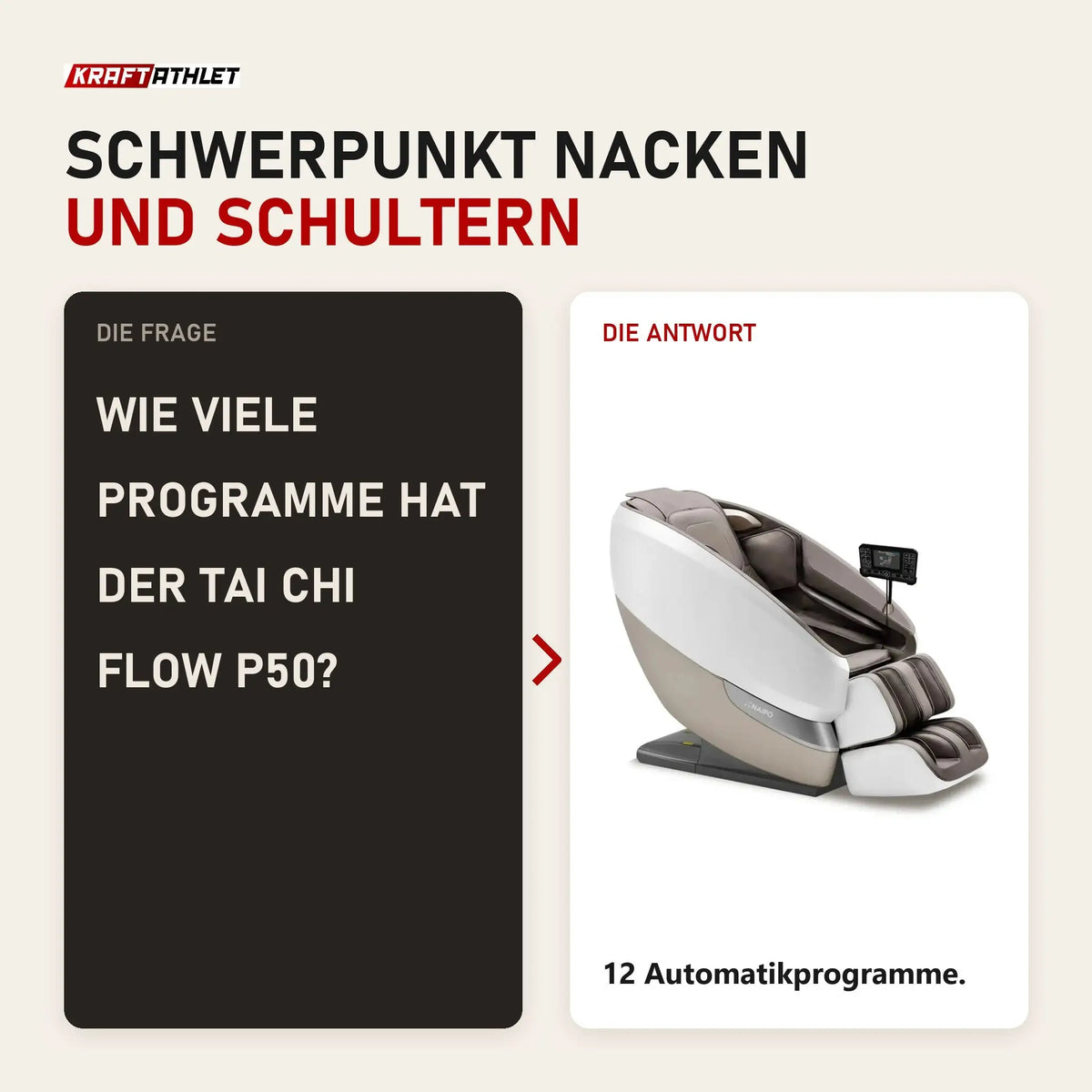 Frage und Antwort zu NAIPO Tai Chi Flow P50 Massagesessel: Wie viele Programme hat der Tai Chi Flow P50?