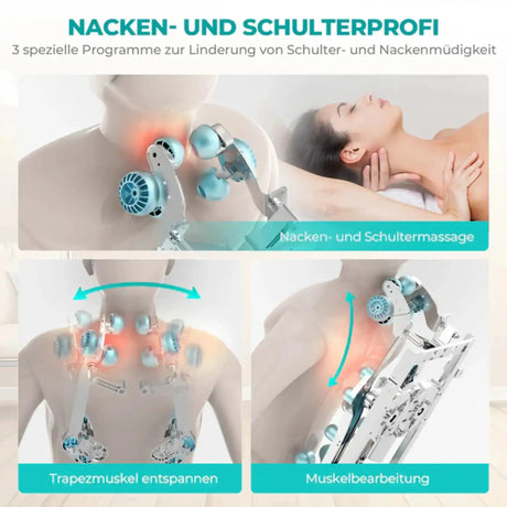 NAIPO Tai Chi Flow P50 Massagesessel, Grafik mit Detailansichten der Massageköpfe im Nacken- und Schulterbereich