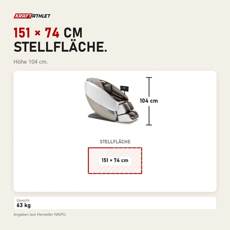 Maßbild NAIPO Tai Chi Flow P50 Massagesessel: Stellfläche 151 × 74 cm, Höhe 104 cm