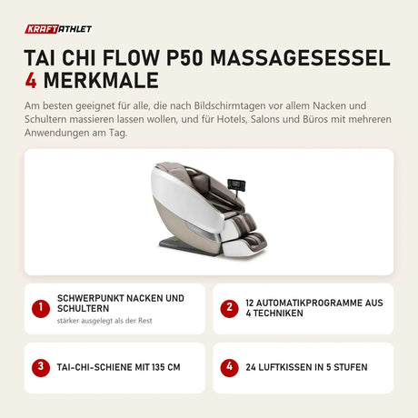 NAIPO Tai Chi Flow P50 Massagesessel mit 4 Merkmalen: Schwerpunkt Nacken und Schultern, 12 Automatikprogramme aus 4 Techniken, Tai-Chi-Schiene mit 135 cm, 24 Luftkissen in 5 Stufen