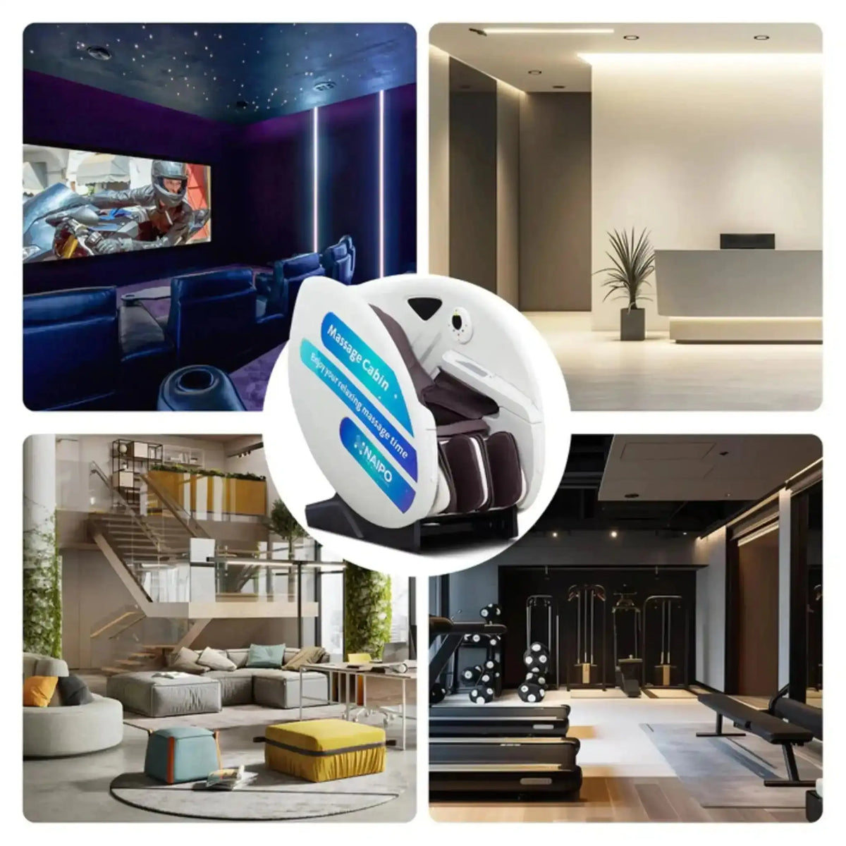 NAIPO V103 Automaten-Massagesessel: Collage mit Einsatzorten wie Kino, Lobby, Wohnbereich und Studio