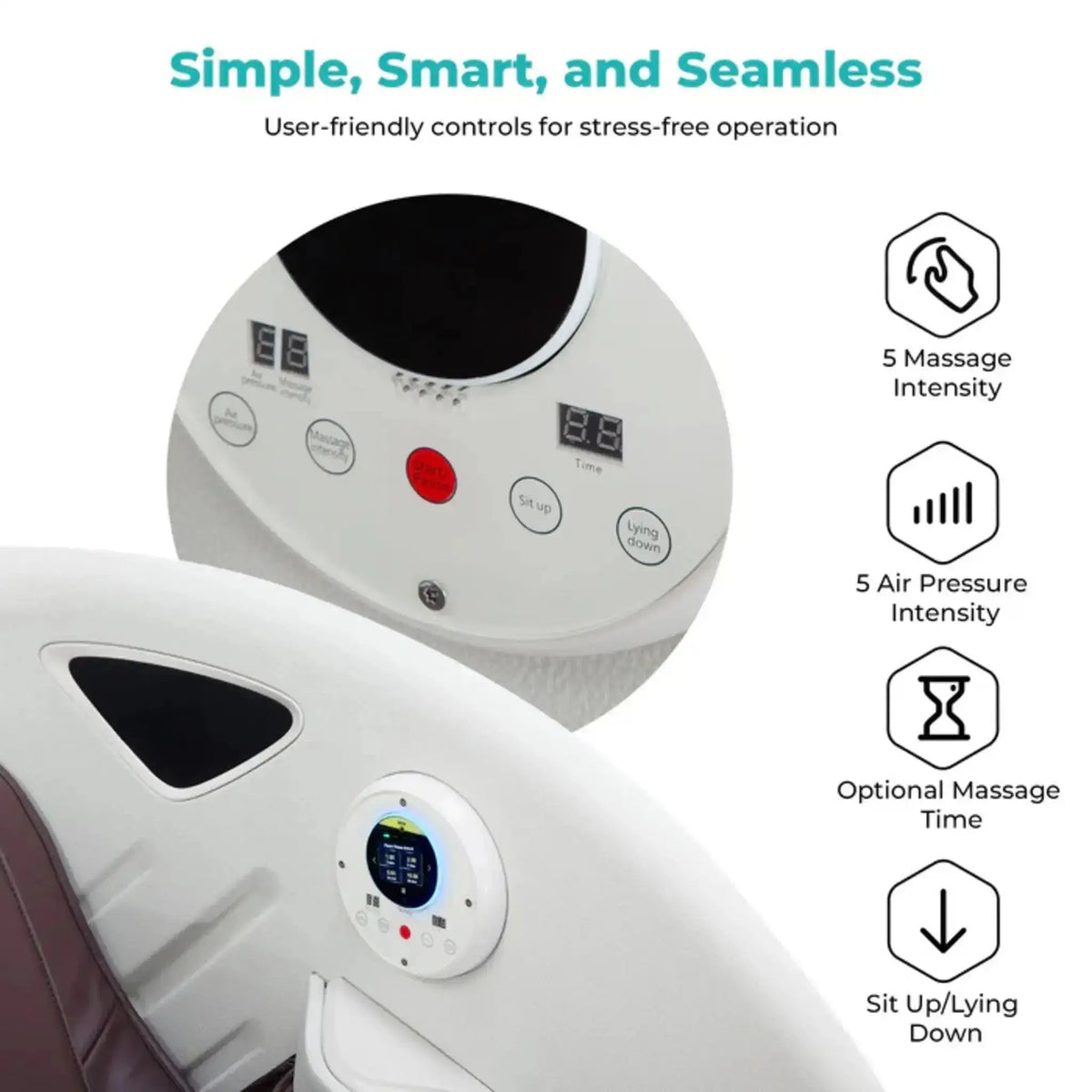 NAIPO V103 Automaten-Massagesessel: Detail des Bedienfelds mit Tasten für Intensität, Luftdruck und Zeit