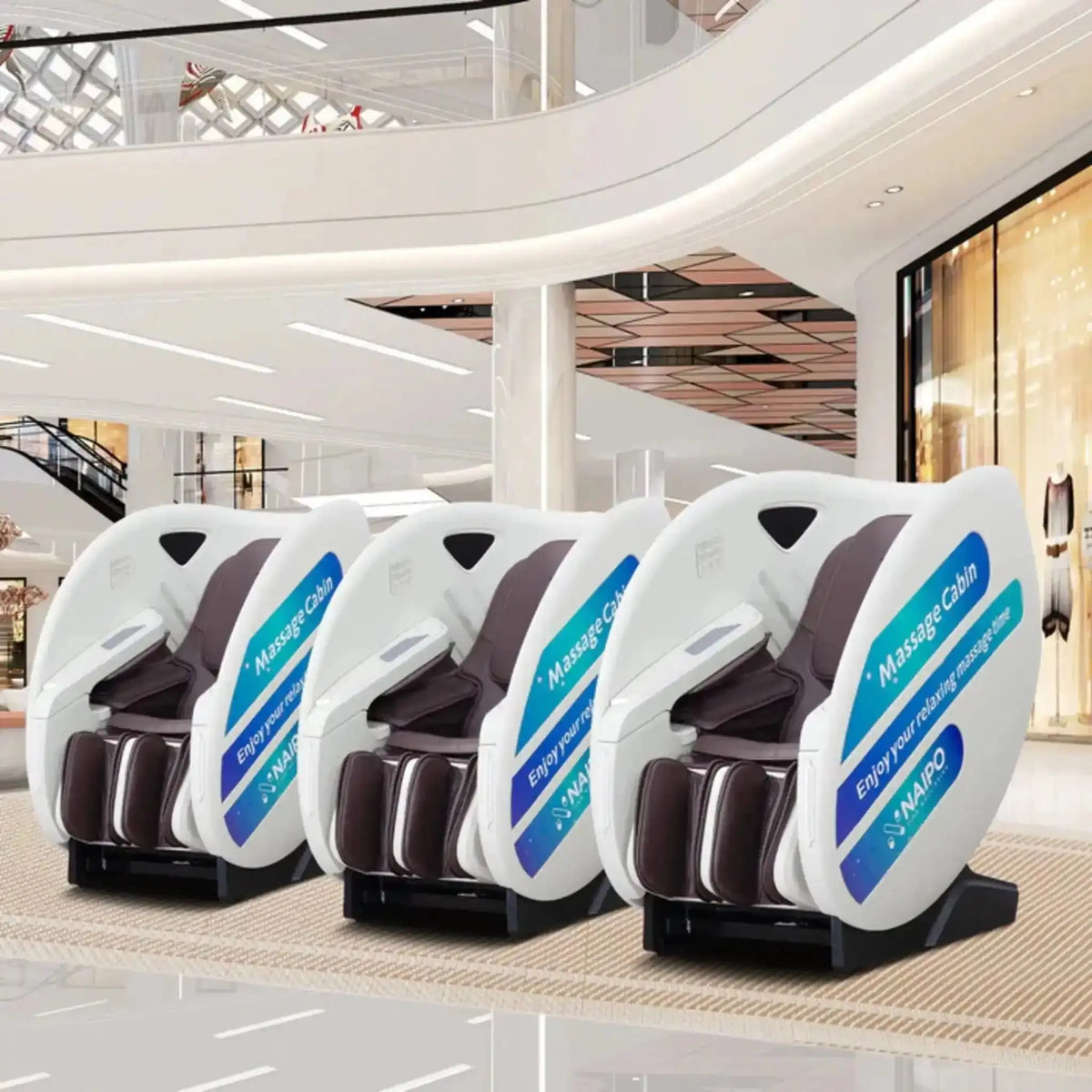 NAIPO V103 Automaten-Massagesessel: drei Kabinen nebeneinander in einem Einkaufszentrum