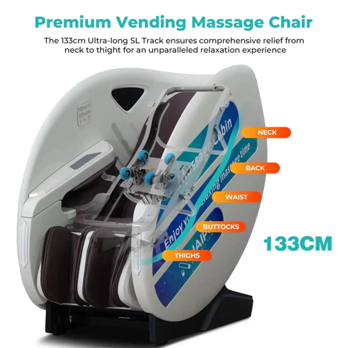 NAIPO V103 Automaten-Massagesessel im Querschnitt mit markierten Massagezonen von Nacken bis Oberschenkel