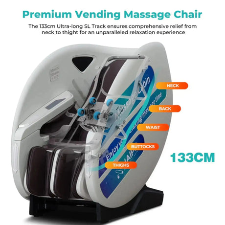 NAIPO V103 Automaten-Massagesessel im Querschnitt mit markierten Massagezonen von Nacken bis Oberschenkel
