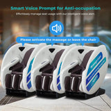 NAIPO V103 Automaten-Massagesessel: drei Sessel nebeneinander mit eingeblendetem Sprachhinweis