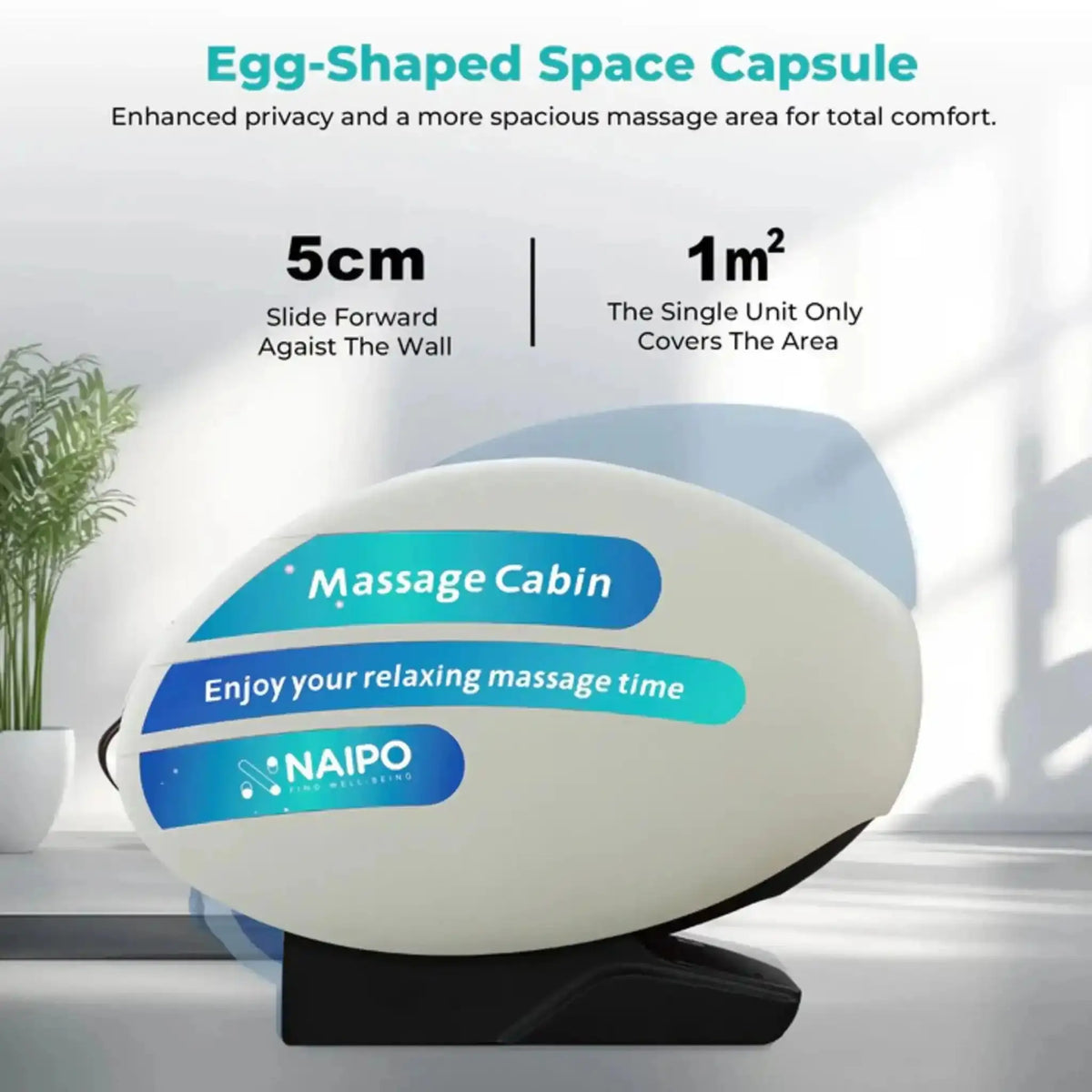 NAIPO V103 Automaten-Massagesessel in Kapselform, Seitenansicht vor heller Wand mit Stellflächenangabe