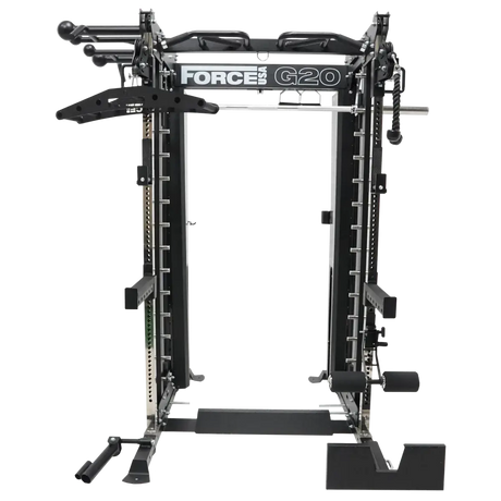 Force USA G20 V2 Pro All-In-One Trainer showcasing Functional Trainer, Smith Machine, Power Rack, and vertical leg press.