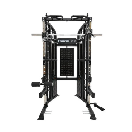 Force USA G6 All-In-One Trainer featuring power rack, Smith machine, and dual weight stacks.