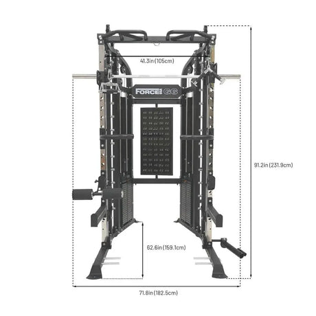 Force USA G6 All-In-One Trainer featuring power rack, Smith machine, and dual weight stacks.