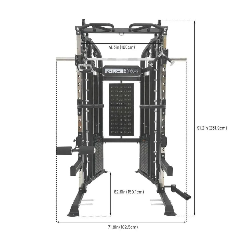 Force USA G6 All-In-One Trainer featuring power rack, Smith machine, and dual weight stacks.