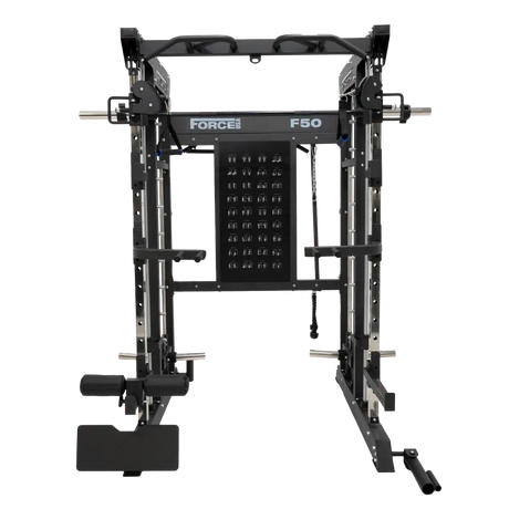 Force USA F50 V2 All-In-One Functional Trainer with multi-grip pull-up bar and integrated storage.