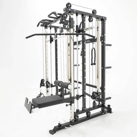 Force USA Lateral Row Seat attached to an all-in-one rowing trainer.
