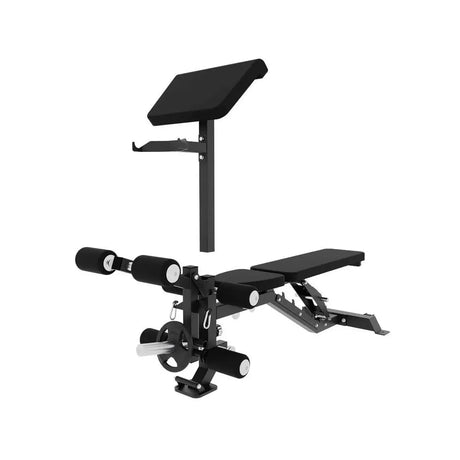 Force USA C10 Base Bench with leg curl, leg extension, and preacher curl attachments.​

