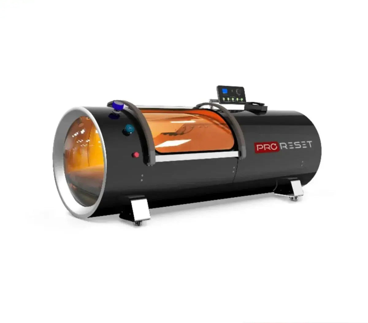 "ProReset Orbit portable hyperbaric chamber with reclining lounge chair and four viewing windows."​

