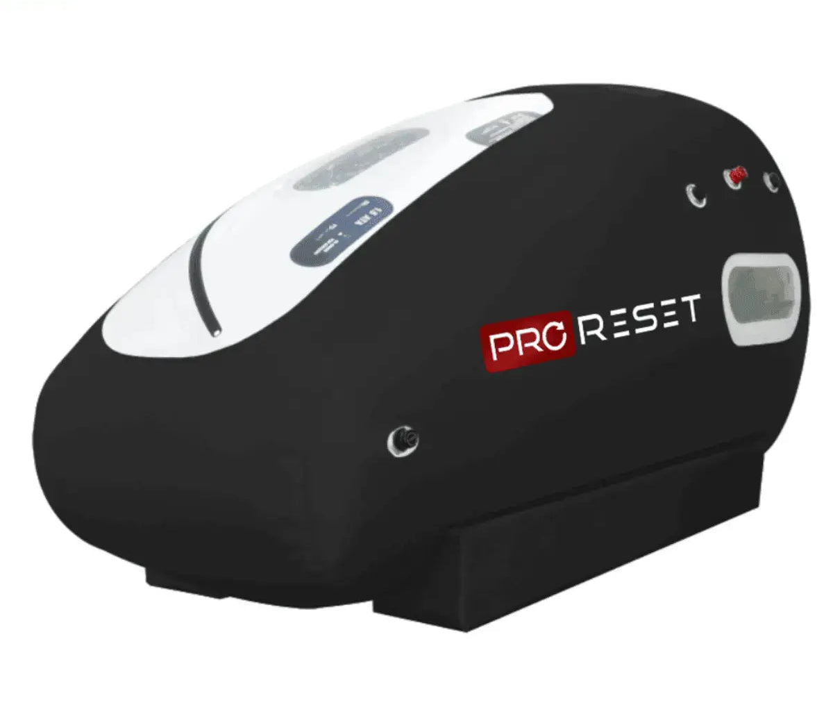 "ProReset Oasis portable hyperbaric chamber with reclining lounge chair and four viewing windows."​

