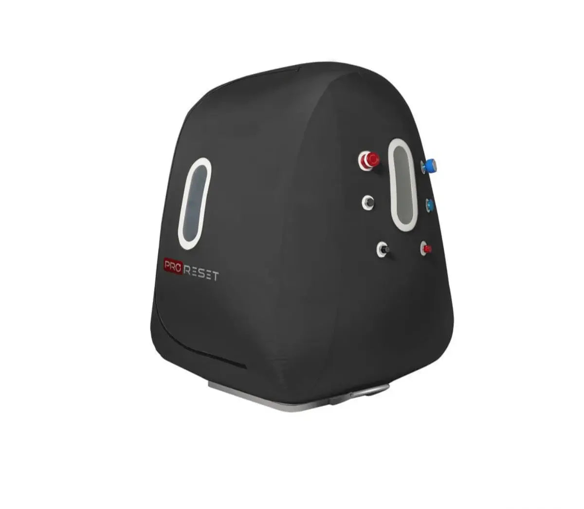 "ProReset Space wheelchair accessible hyperbaric chamber with foldable metal ramp and four viewing windows."​

