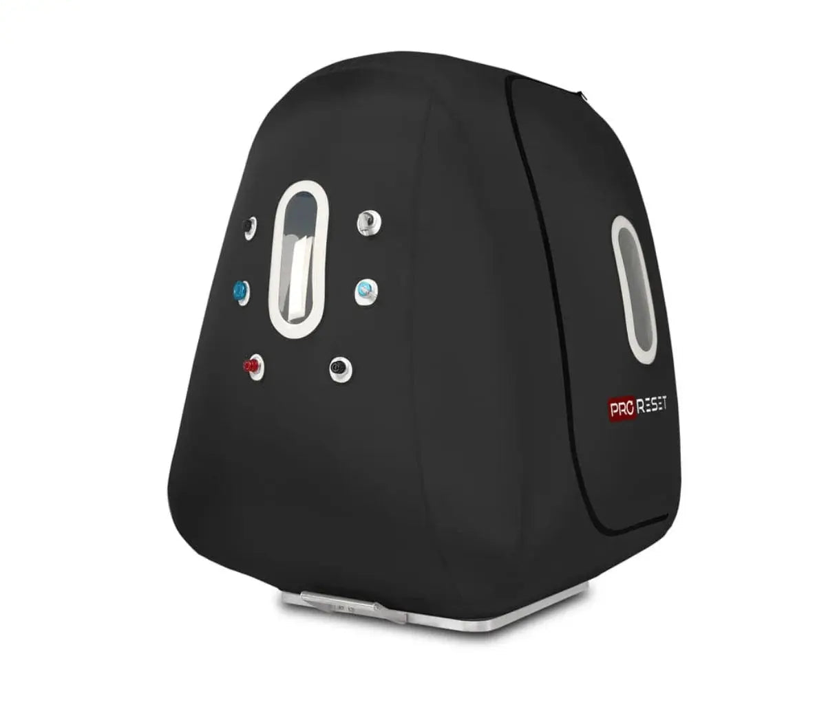 "ProReset Space wheelchair accessible hyperbaric chamber with foldable metal ramp and four viewing windows."​

