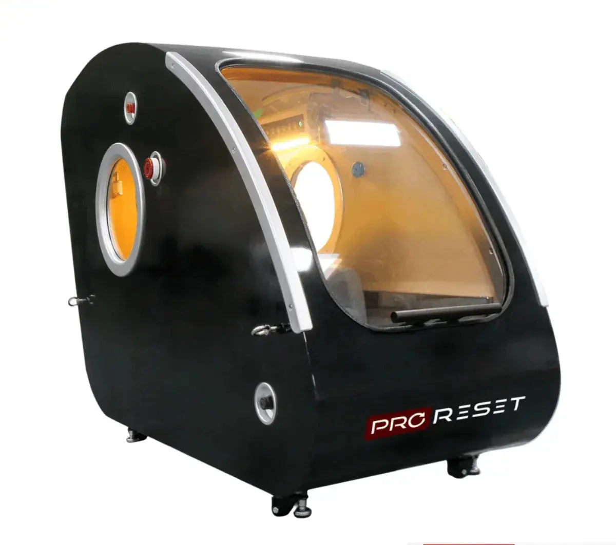 "ProReset Vista portable hyperbaric chamber with reclining lounge chair and four viewing windows."​

