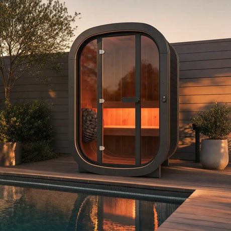 Private Escape Außensauna am Pool bei Abendlicht