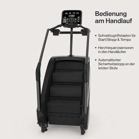 ProClimber Bedienung am Handlauf – Schnellzugriffstasten, Herzfrequenzsensoren, automatischer Sicherheitsstopp