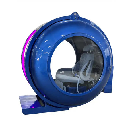 ProReset Anatolia Hyperbarkammer – Schrägansicht in Blau mit violetter Beleuchtung und Sitz