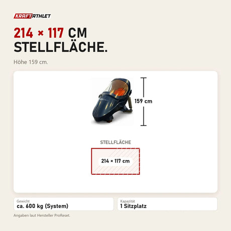 Maßbild ProReset Apex Hypobare Kammer: Stellfläche 214 × 117 cm, Höhe 159 cm